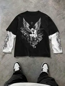 Gothic Streetwear Style Faux Two-Piece Short Sleeve Fitted T-Shirt, Fallen Angel Graphic Print & Cross Element, Casual Long Sleeve Inner Layer, Daily Wear