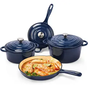 SEARCOOK Nonstick Enameled Cast Iron Cookware Set 7-Pcs Navy Blue Pots and Pans with Lid Healthy Round Dutch Oven for Sourdough Bread Baking Oven Safe up to 500° F