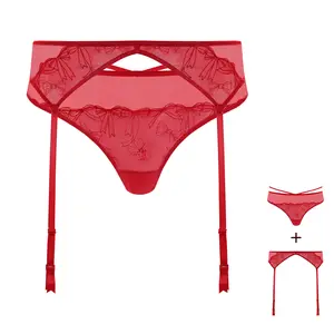 HSIA Renna Holiday Edit Embroidered Mesh Brief Thong and Garter Belt Set Sexy Sheer Lingerie Bottoms