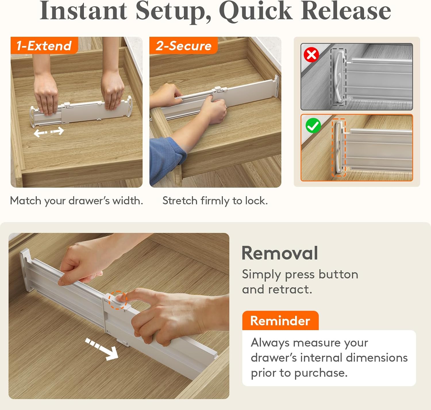 Drawer Dividers for Clothes, 3.2" High 10.5"-16.5" Expandable Dresser Drawer Organizers, Adjustable White Plastic Separators for Kitchen, Cabinet, Nursery, Socks & Underwear Storage, 4 Pack