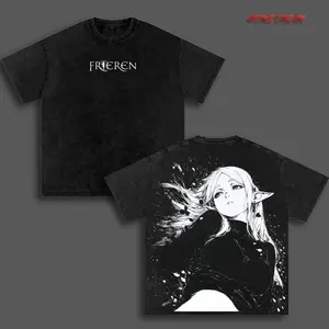 Frieren Anime Double Printed Vintage Washed Tee Unisex Oversize Anime Manga Washed Heavyweight Cotton T-shirt