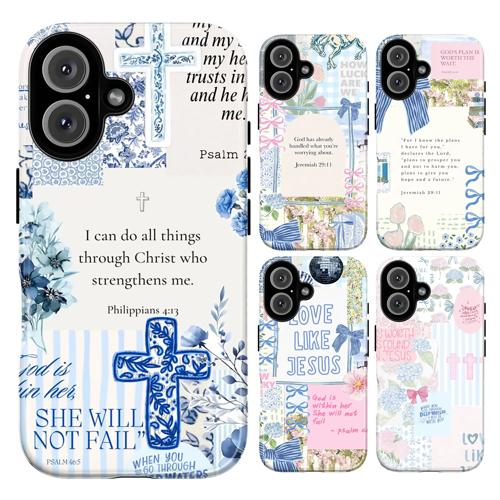 Christian Bible Verse Phone Case Collection |   Blue Floral Patchwork Cross Aesthetic Scripture Cover with Philippians 4:13 & Psalm 46:5 Cover For iPhone 17 Pro Max 16 Plus 15 14 13 12 11 Air & Samsung Galaxy S25 S24 S23 S22 S21 Ultra