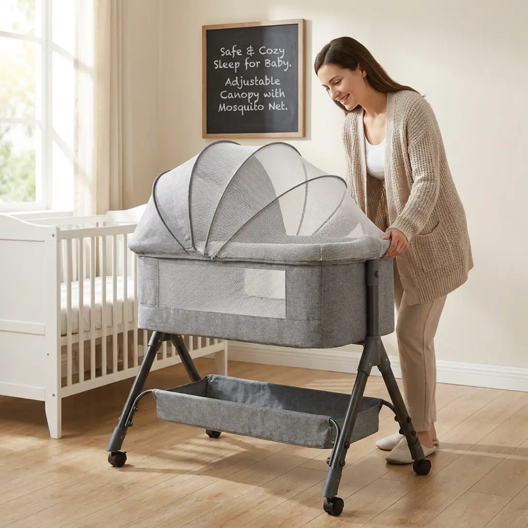 3-in-1 Baby Crib Bassinet for Baby - Adjustable Height, Foldable, Portable Newborn Crib with Storage Bag, Headboard, Mosquito Net, Breathable Mesh, All-Season Compact Fit (Grey)