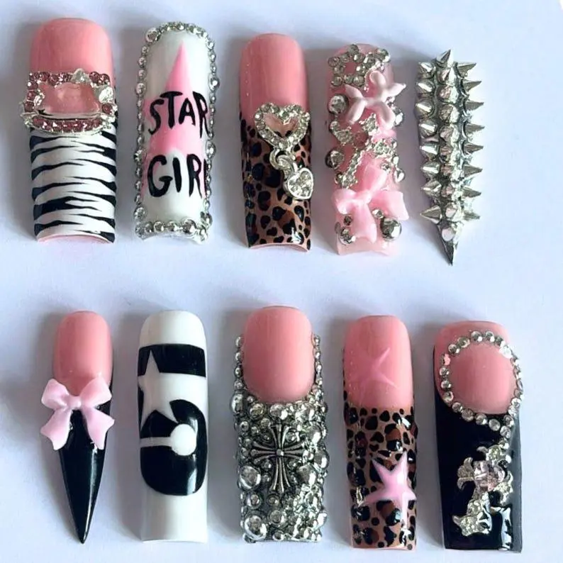 Leopard Zebra Press On Nails 3D Charm Star Girl Bow Y2K Pink Bling