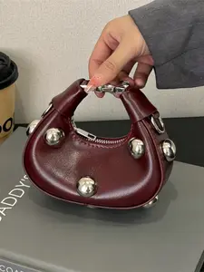Women's Elegant Rivet Decorated Handbag, Fashionable Solid Color Shoulder Bag for Daily Used, Casual Trendy Versatile High-quality Daily Commuting Bag, Crescent Bag