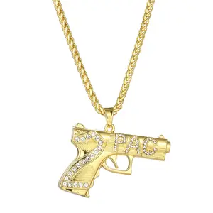 Pistol pendant with diamond studded numbers 2PAC letter necklace, exaggerated street fashion alloy jewelry