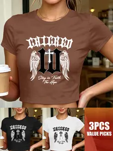 3pcs Women's Cropped Crew Neck T-Shirt, Rhinestone Cross Print, Multiple Colors Available, Machine Washable, Spring & Summer Top, Soft Skin-Friendly Fabric, Daily Versatile, Fashion Design