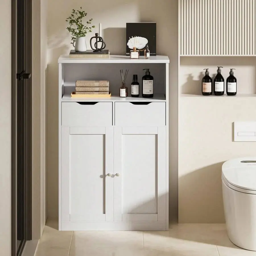 Vintage MDF Wood Freestanding Bathroom Storage Cabinet - Single Unit, 2 Drawers, Adjustable Shelf, Mirrored Door, Large Storage, Solid Base, Easy Setup - Indoor Organizer for Bathroom, Living Room