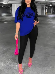 Two-Piece Set Women's Letter Print Drop Shoulder Tee & Skinny Pants, Casual Fashion Cozy Half Sleeve T-shirt & Trousers for Daily Outdoor Wear, Womenswear Women's Clothing for Spring & Fall, Gigi Two Piece Set