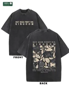Faith T-Shirt with 'But Seek First His Kingdom' Verse (Matthew 6:33) - Black & White Floral Print Religious Tee, Relaxed Fit Crew Neck Short Sleeve Shirt for Church, Prayer & Casual Attire - Inspirational Gift for Easter