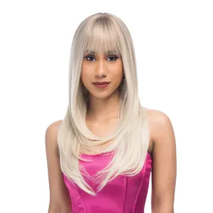 24-Inch Warm Bleached Light Blonde Sombre (Tanned Blonde Roots) Layered Straight Cut Synthetic Wig | 【Heat Resistant】【Cap Included】 | FSGA
