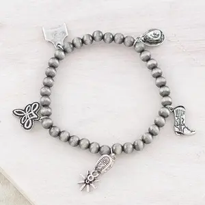 Western Style Charm Stretch Bracelet with Beads and Unique Copper color Charms for Fashionable Wear Featuring Elegant Copper colorCharms