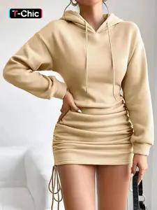 Women's Solid Ruched Adjustable Drawstring Sweatshirt Dress, Fashion Drop Shoulder Hooded Dress for Daily Outdoor Wear, Women Dress for Spring Fall