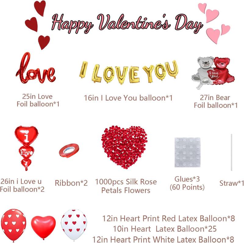 Valentines Day Balloons Decorations I Love You Balloons and Heart Balloons Kit with 1000Pcs Red Silk Rose Petals Flower Decoration Love-Bear Heart Print Balloons Banner for Valentine Party Decorations