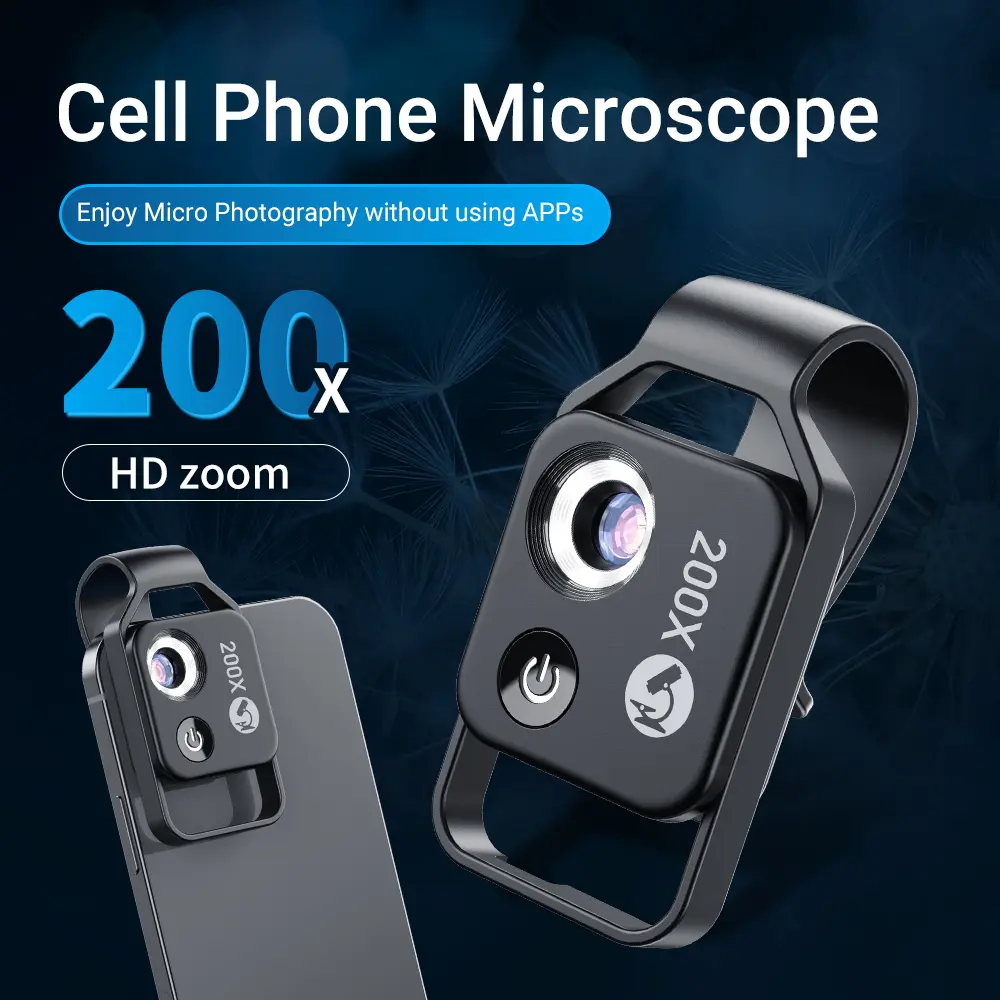 200X Digital Camera Optical Lens Accessory with CPL Filter, Cordless Mobile LED Guide Light, Clip-On Super Macro Camera Attachment for iPhone & Samsung Smartphones