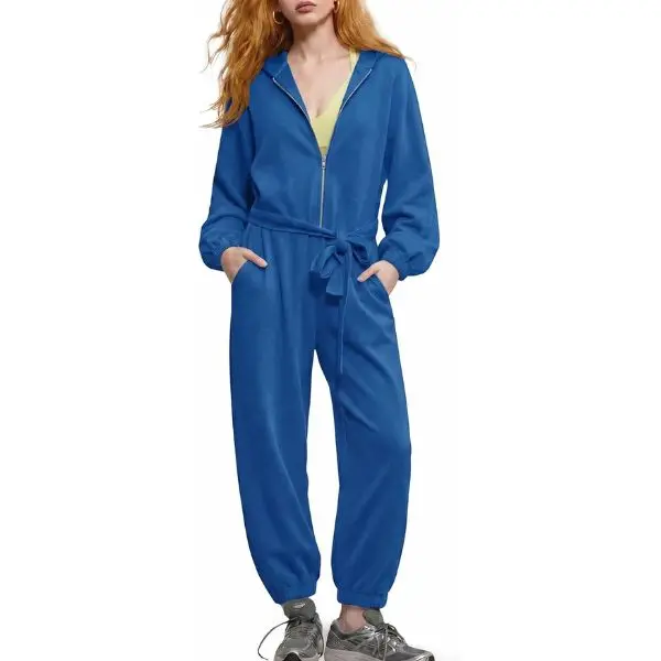 Fisoew Womens Long Sleeve Jumpsuits Tie Waist Zip Up Hoodie Sweatshirt Jogger Sweatpants Workout Loose One Piece Outfits
