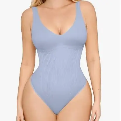 Blue-Deep V-Wide Strap-Thong Shaperwear