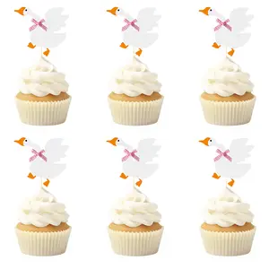 12PCS Silly Goose Cupcake Toppers, Funny Goose Birthday Cake Decorations White Goose Baby Shower Theme Decorations Party Supplies for Baby Boy Girls Birthday Party Decorations