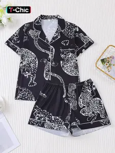 2-piece set full body leopard print short sleeved shorts, soft and comfortable, skin friendly and smooth top, small pocket button closure, elastic waistband, suitable for four furniture, personalized casual wear, pajamas, Nightwear, Loungewear