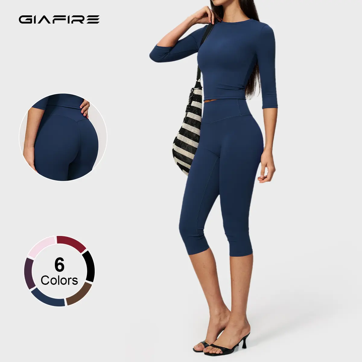 GIAFIRE 3/4 Sleeve & Capri Leggings Yoga Set, High-Stretch Tummy-Control Butt-Lifting Capri Pants & Breathable Skin-Friendly Top, Suitable for Gym, Running & Daily Wear