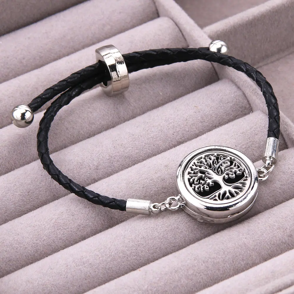 Perfume Essential Oil Diffuser Leather Bracelet Aromatherapy Locket Bracelet Stainless Steel Locket Black Leather Bracelet