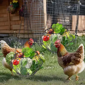 Hanging Chicken Feeder, Foldable 6.5inches Large Poultry Vegetable Fruits Feeder Basket with 17inches Hanging Chain, Veggie Treat Ball Boredom Toys for Chicken/Hens/Duck/Rabbit Coop, 2 Pack