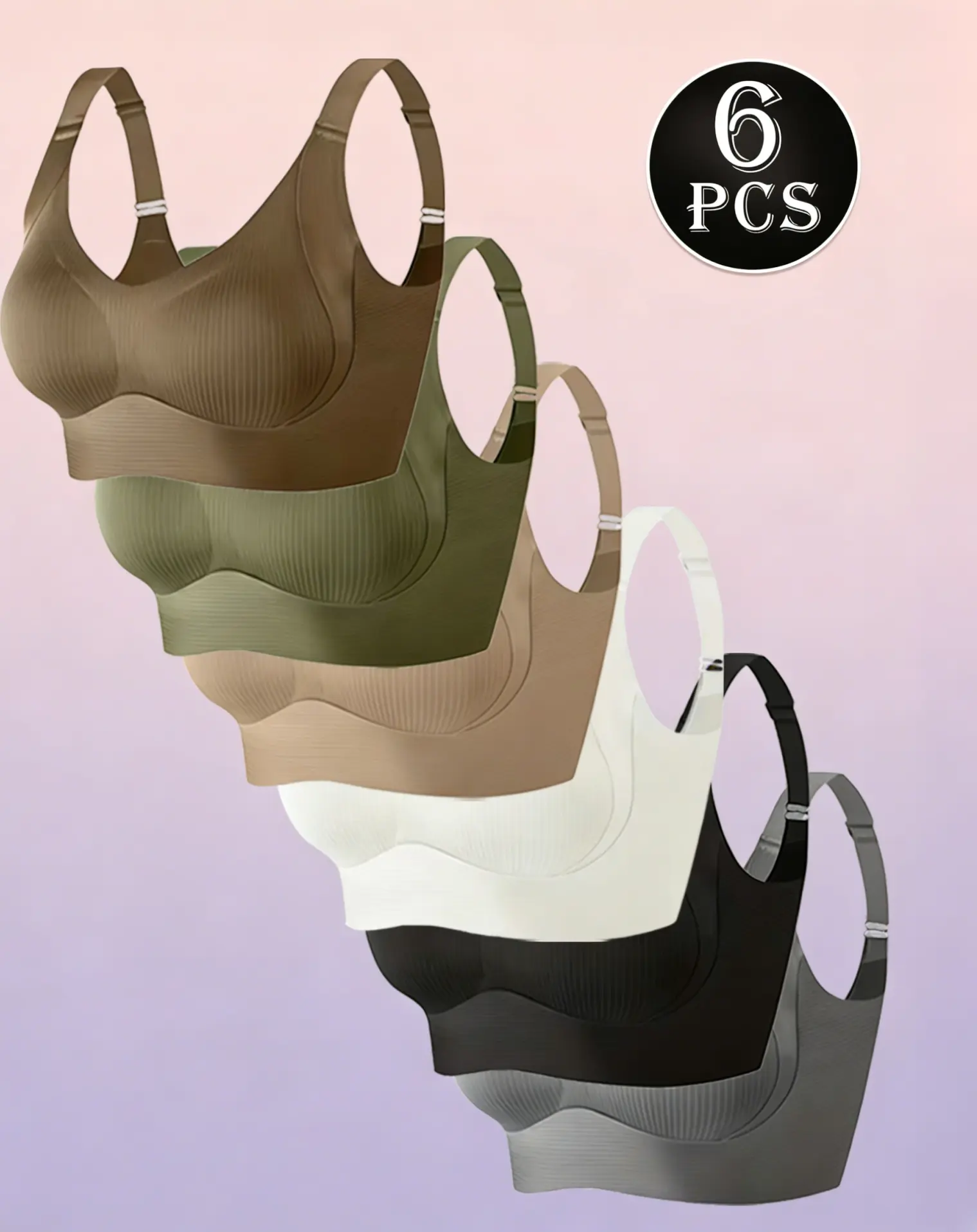 Women's Wireless Bras 6-Pack, Seamless Ribbed Push Up Design, Comfortable Basic Everyday Lingerie with an Adjustable Fit, Adjustable Fit Everyday Bras, Push Up Padded