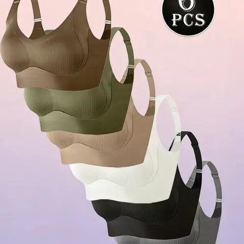 Women's Wireless Push Up Bras 6-Pack - Retro, Wedding-Ready Seamless Ribbed Elastane Lingerie, Soft, Breathable, Lightweight, Adjustable Fit, Fantasy Padded, Racerback, V-Neck, 3/4 Coverage Everyday Underwear