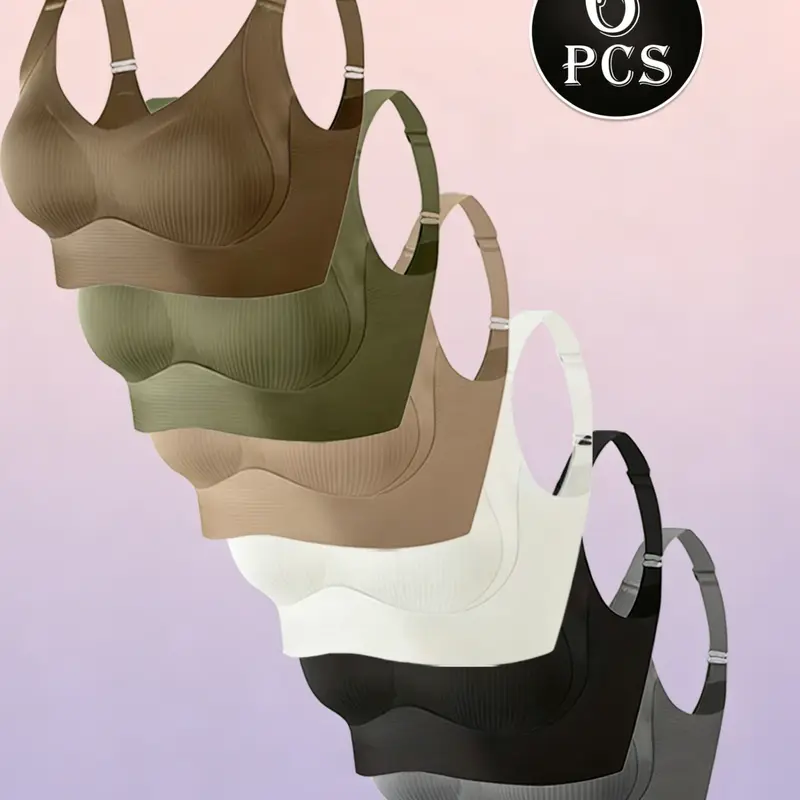 Women's Wireless Push Up Bras 6-Pack - Retro, Wedding-Ready Seamless Ribbed Elastane Lingerie, Soft, Breathable, Lightweight, Adjustable Fit, Fantasy Padded, Racerback, V-Neck, 3/4 Coverage Everyday Underwear