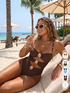 New Summer Women's One-Piece Swimsuit, Hollow Out Colorblock Metal Decor, Elegant Beach Party Swimwear, Sexy Fitted Style, Trendy Monokini Swimsuit
