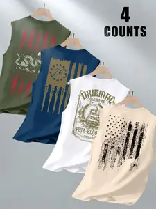 Summer Sporty Tank Tops Set of 4, Men's Wide Shoulder Round Neck Sleeveless Tees, Vintage Flag Print, Ideal for Fitness & Gifts