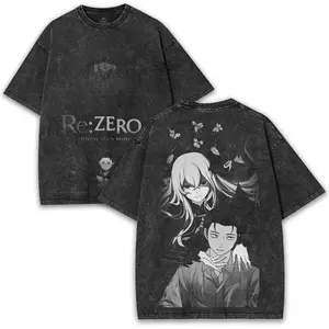 Re:ZERO Subaru & Satella Washed Anime Tee | Oversized Streetwear Fan Art: Premium 260GSM, Bold 2-Sided Print for Otaku Style.
