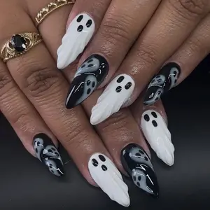 Halloween Almond-Shaped Wearable Nails, 3D Ghost Nail Art Tips, Includes Tool Kit (jelly Glue, File, Crystal Stick), Nail Kit Set