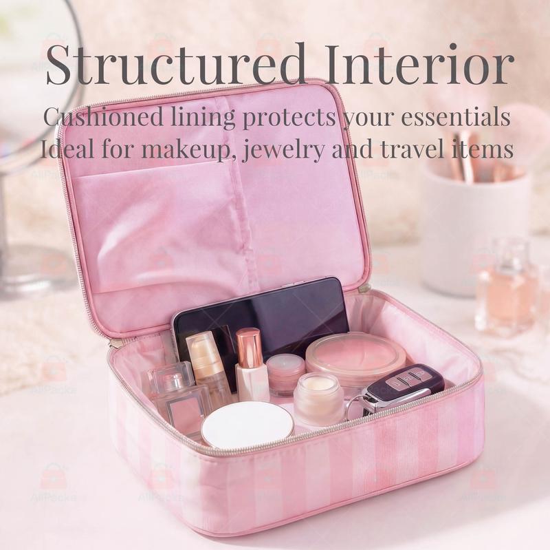 Pink Striped Structured Travel Makeup Organizer  Lightweight Protective Cosmetic Bag with Zipper, Easy to Pack for Daily and Travel Use travel cosmetic bag