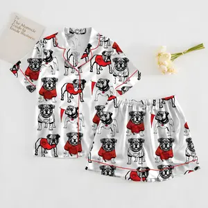 Bulldogs Football Satin Pajama Set, Pitbull Pajamas Set, Women's Luxury Sleepwear