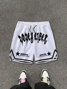 Men's Street Style Popeye Letter Print Gym Shorts, Star Stripe Design, Loose Fit, Breathable, Casual Wear