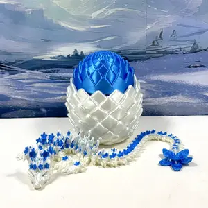 3D Printed Dragon with Egg, Articulated White and Blue Cherry Blossom Mushroom Dragon, 12 Inches Fidget ADHD Autism Toy D072-WBE