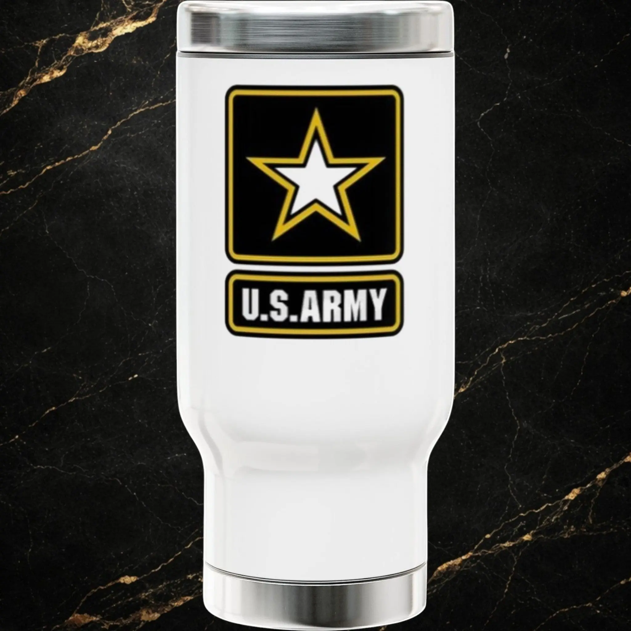 Army Emblem 14oz Stainless Travel Mug with Handle — Patriotic Military Crest