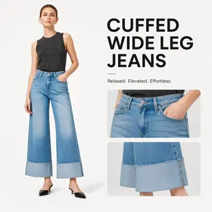 Women's ONESO High Waisted Cuffed Wide Leg Jeans Light Blue Textured Denim Pants Stretchy Soft Raw Hem Rolled Cuff Flattering Fit Casual Streetwear Juneteenth Outfit Fourth of July BBQ Party Country Concert Beach Trip Brunch Office Travel Date Night