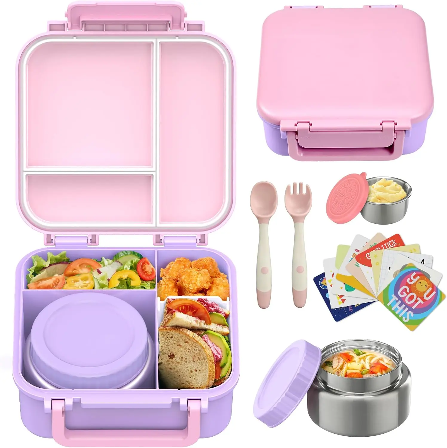 Kids Bento Lunch Box with 9Oz Soup Thermo Leakproof Lunch Food Containers 4 Compartment with Insulated Hot Food Jar for Kid Toddler Girls Boys to School Trvael wiwens