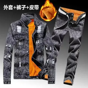 WinterMenFleeceLiningThickWarmDenimTwoPieceSetSlimFitCowbodyJacketJeansSuitCargoSetsRXCN