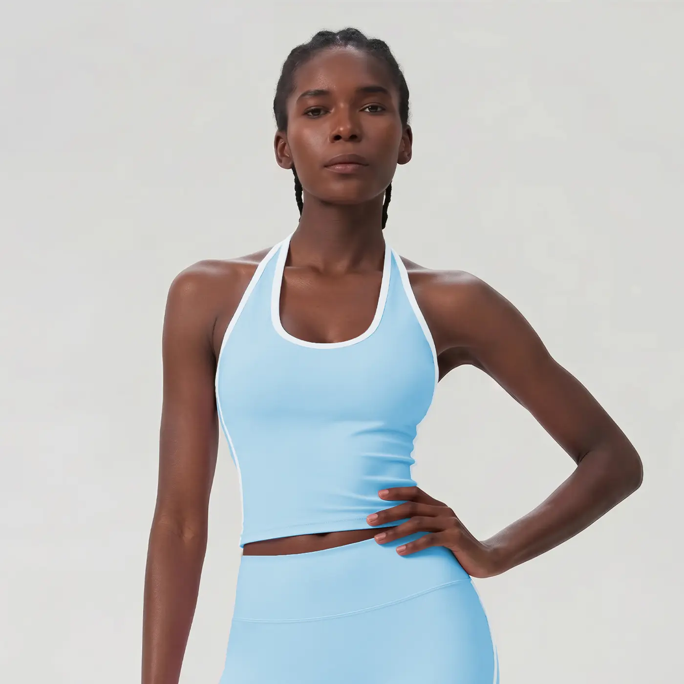 Runana color-blocked halter sports tank top with contrast trim, cropped length, low-rise waist design, yoga activewear