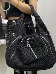 Ladies' retro casual handbag, High Capacity Handbag, multi pocket personalized punk Y2K hot girl bag, street style spliced city bag, suitable for work, commuting, dating, party large capacity multi pocket single shoulder crossbody bag, black