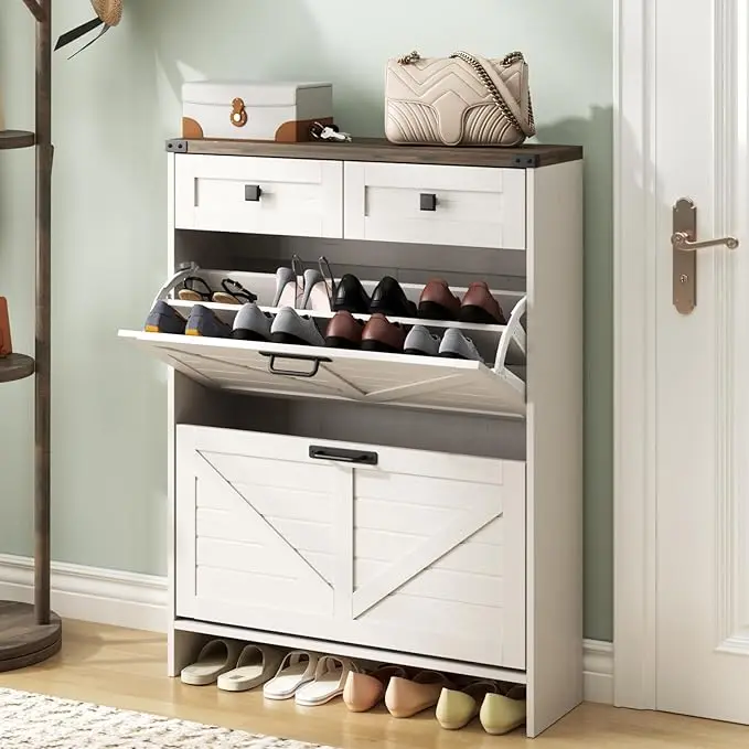 Vabches Farmhouse Slim Wood Shoe Storage Cabinet - 4-Drawer Sorting (2 Flip, 2 Storage), Freestanding with Legs, Cozy High-Quality Entryway Organizer [TikTok Shop Back to School]