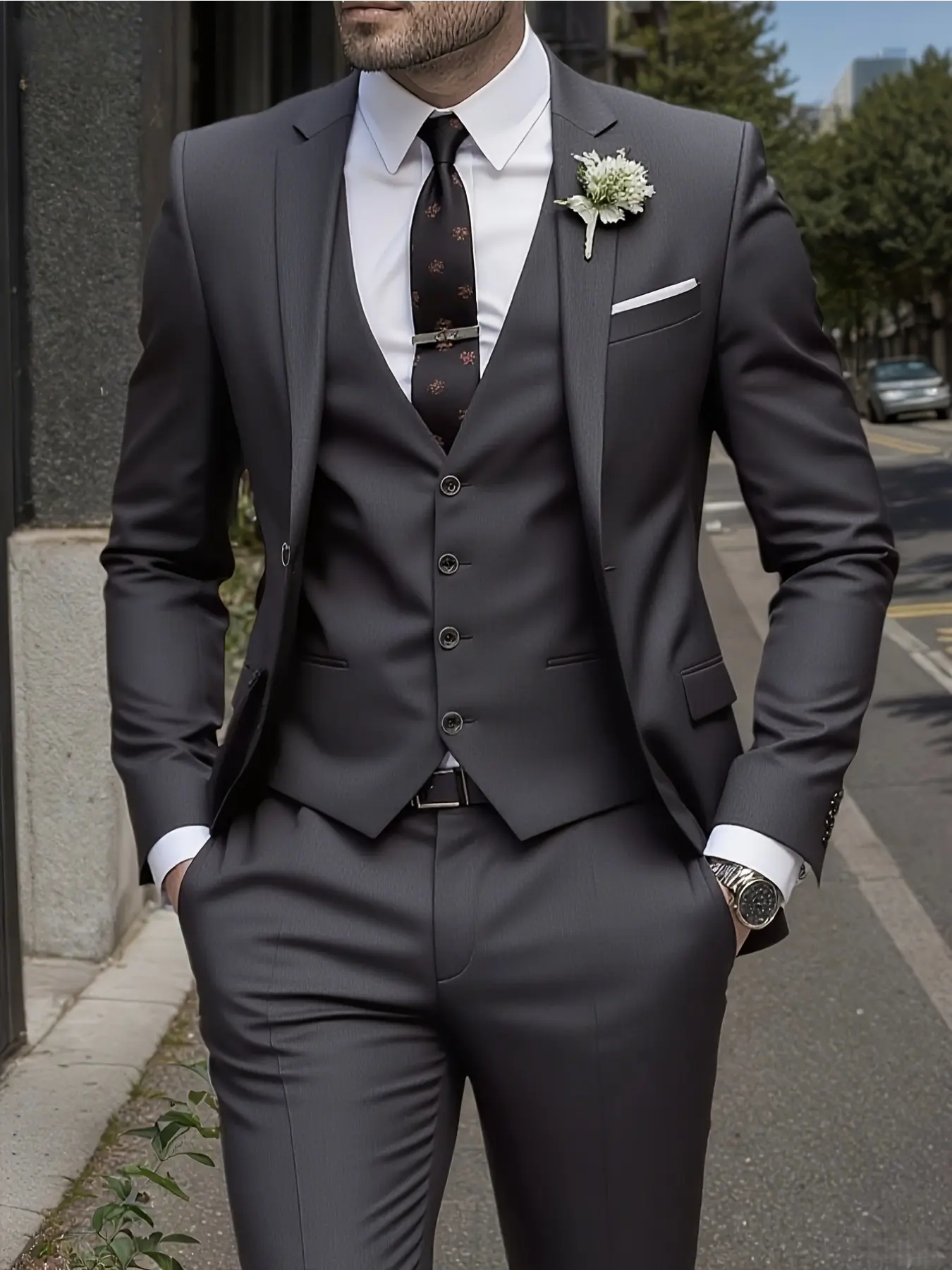 Men'S 3pcs Suit, Evening Formal Suit - Slim Fit Tuxedo Set for Weddings & Formal Occasions, Formal Attire, Black Suit with White Long Sleeve Collared Shirt & Pants, Perfect for Office Meetings and Elegant Events, Formal Wear, Menswear|Slim Fit Suit