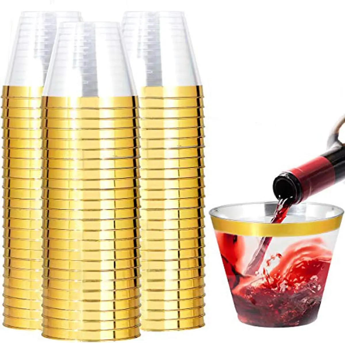I00000 200PCS Gold Plastic Cups,10 oz Clear Plastic Cups with Gold Trim, Beer Mugs，Disposable Hard Cup For Party, Premium Cup Perfect for Wedding & Party