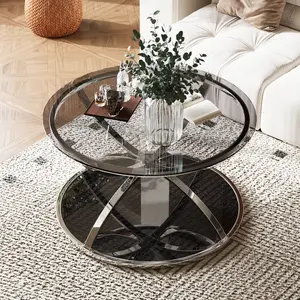 31.50'' Modern Glass Coffee Table with 2 Tiers, Ring-Shaped Frames, Metal Frame and Clear Tempered Glass, Round Coffee Table for Living Room, Bedroom and Office, Gold