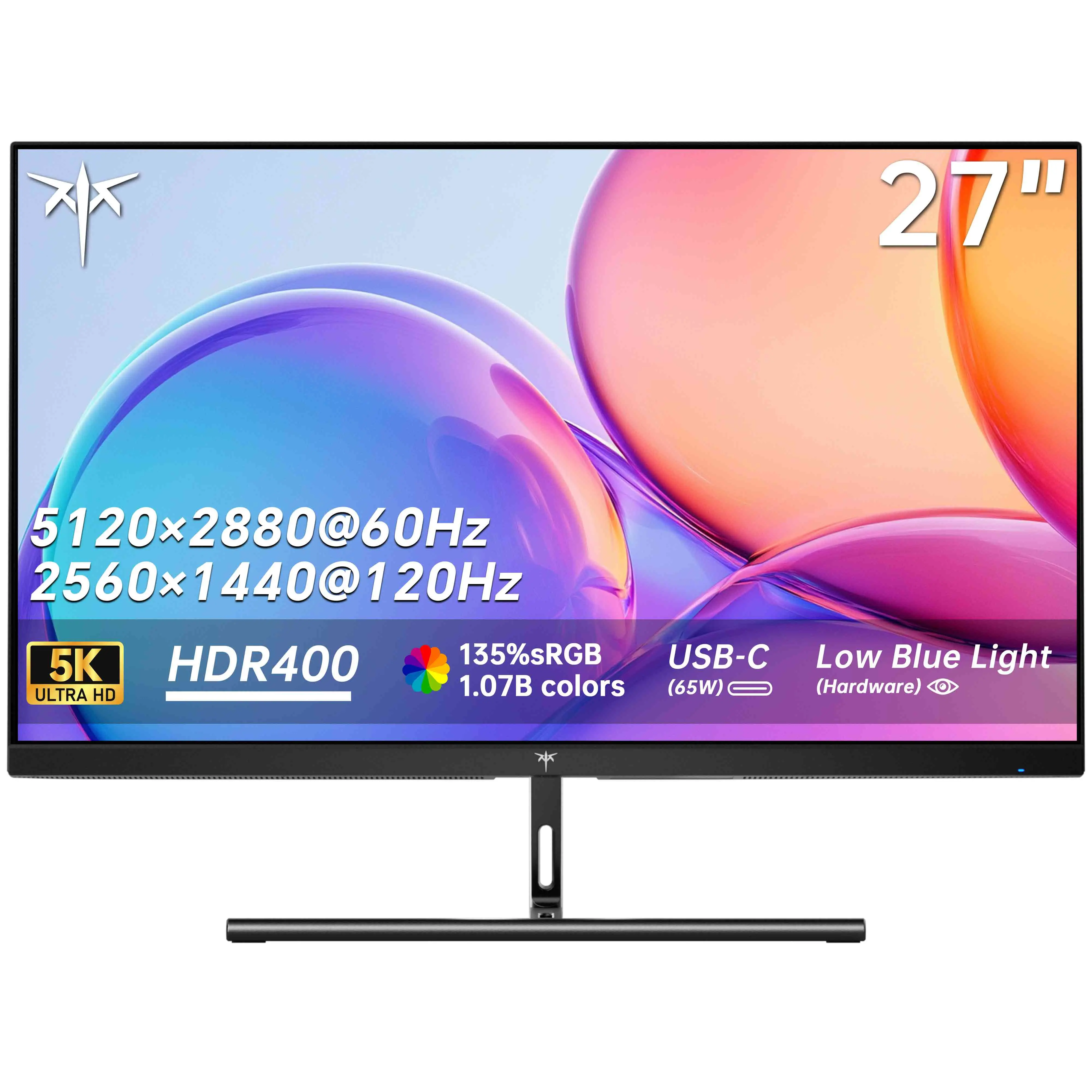 KTC 27" 5K 5120*2880 IPS 60Hz/120Hz HDR400 Monitor H27P3 Adapt to Mac, with 100% sRGB, 99% Adobe RGB, 135% sRGB, 1.07B colors, 2000:1 Contrast Ratio, 178º Viewing Angle, 500nits Brightness, 1*HDMI2.0, 1*DP1.4, 1*Type-C 65w, 2*USB3.0, 1*Earphone, 5K Resolu