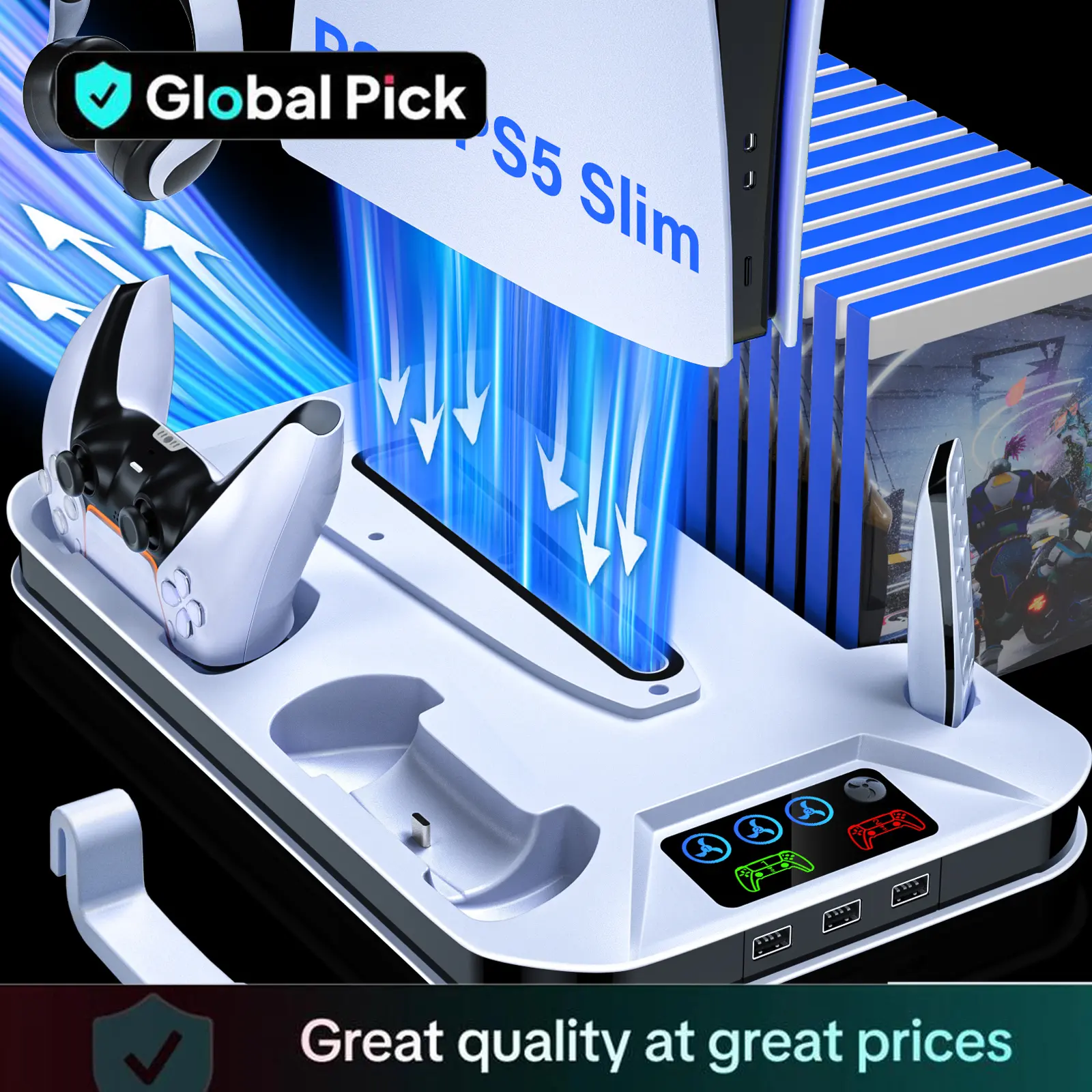 Cooling Station with Controller Charging Stand for PS5 Standard/Slim, PS5 Console Accessories for PlayStation 5 with 3-Levels Cooling Fan,3 USB Hubs, Headset Holder
