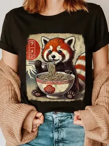 100% Cotton Red Panda Ramen Bowl Japanese Anime Kawaii Food Graphic T-Shirt